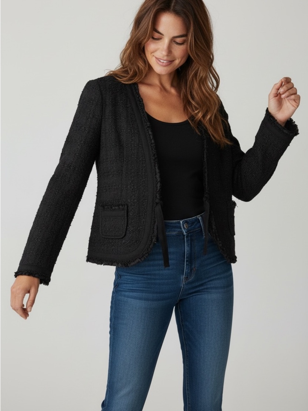ZARA WOMAN Black Bouclé Tweed Jacket with Ribbon Trim